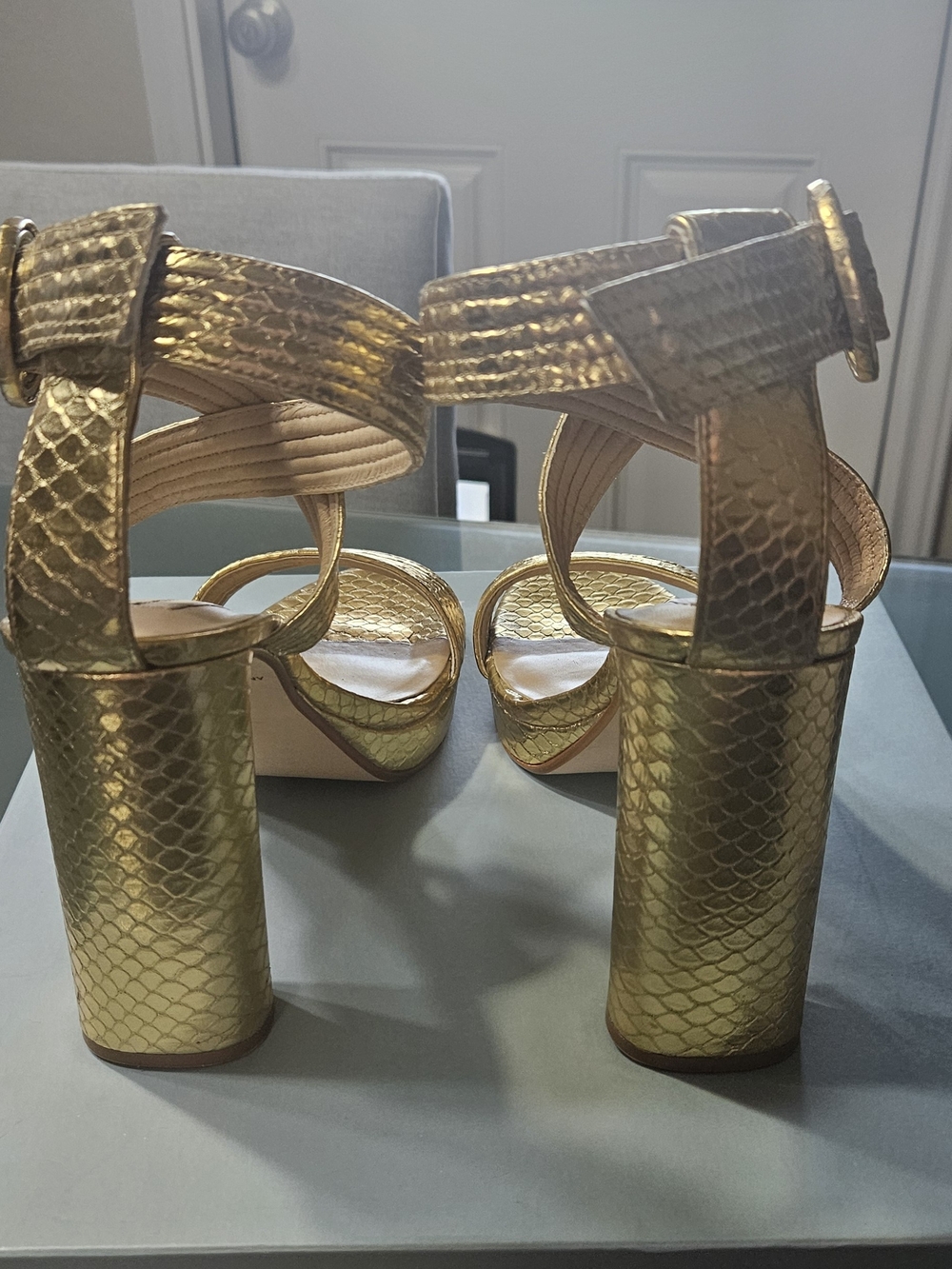 ANTONIO MELANI Gold Snake-Embossed Block Heel Sandals
